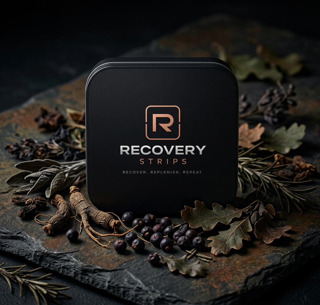 Recovery tin surrounded by botanicals