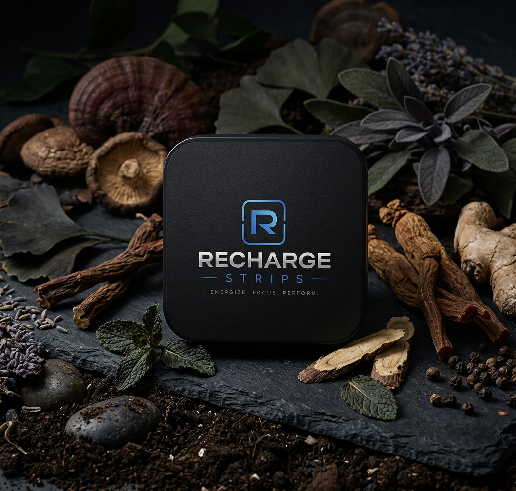 Recharge tin surrounded by natural botanicals